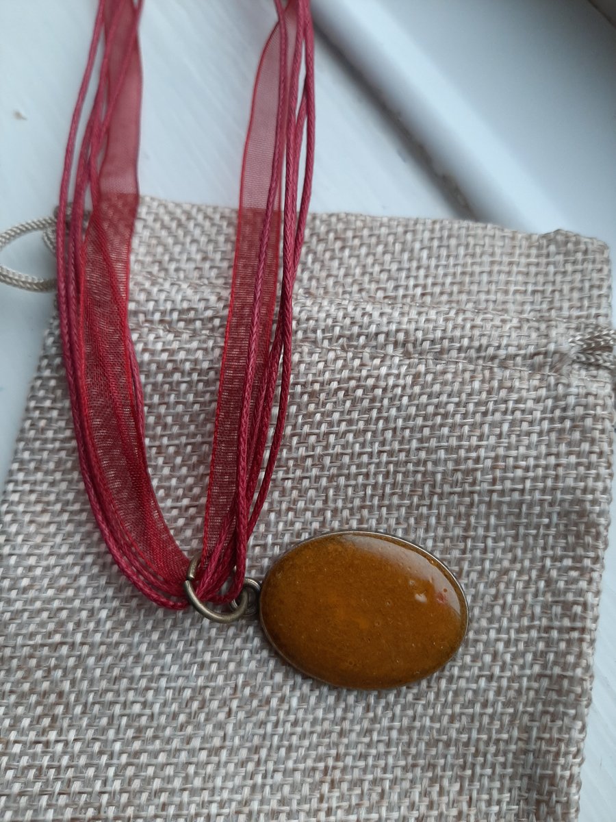 Unique Gold Oblong  resin pendent with a Red ribbon necklace