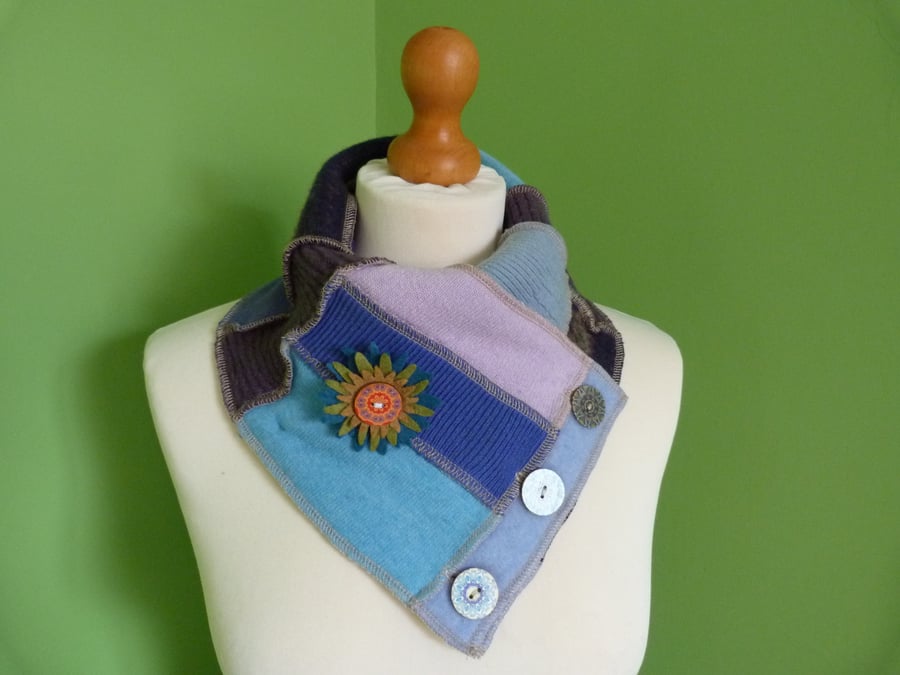 Neck Warmer Scarf with 3 button Trim. Upcycled Cowl. Felt Flower. Blue Lilac