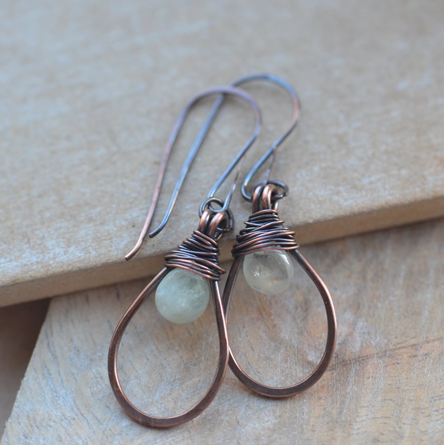 Copper Earrings with Aquamarine Gemstone Briolettes