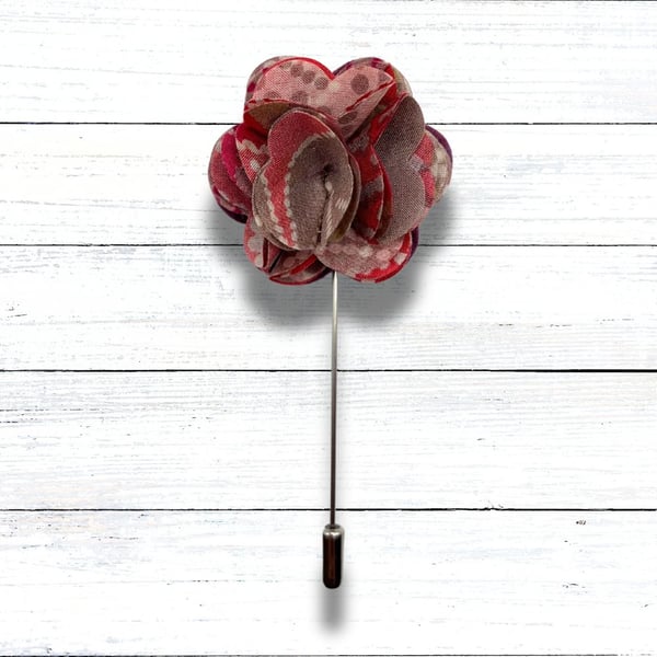 Flower Lapel Pin - Brown Red Pink Fabric, Perfect for Wedding 