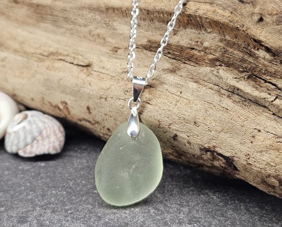 Sterling Silver Sea Glass Pendant Necklace – Pale Green Seafoam Beach Glass