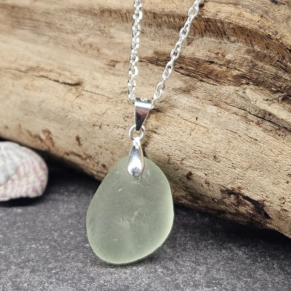Sterling Silver Sea Glass Pendant Necklace – Pale Green Seafoam Beach Glass