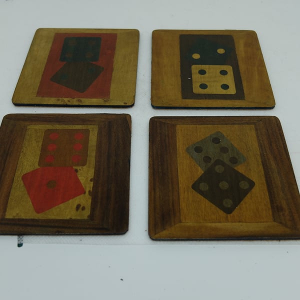 Set of 4 coasters, square, tumbling dice designs Set F