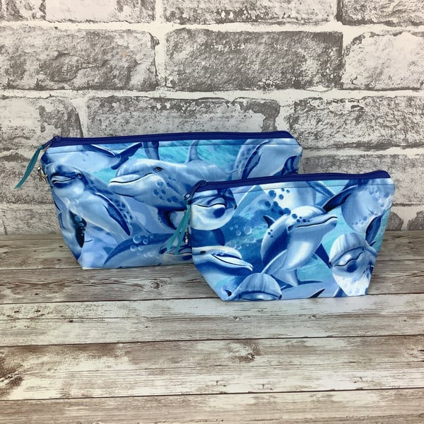 Dolphins Zip case, Makeup bag, Fabric, 2 size options, Handmade