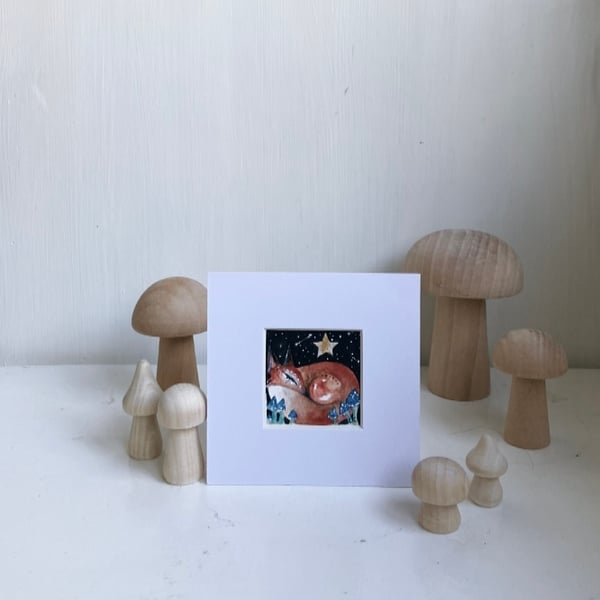 Original Resting Fox with Blue  Mushrooms Watercolour 