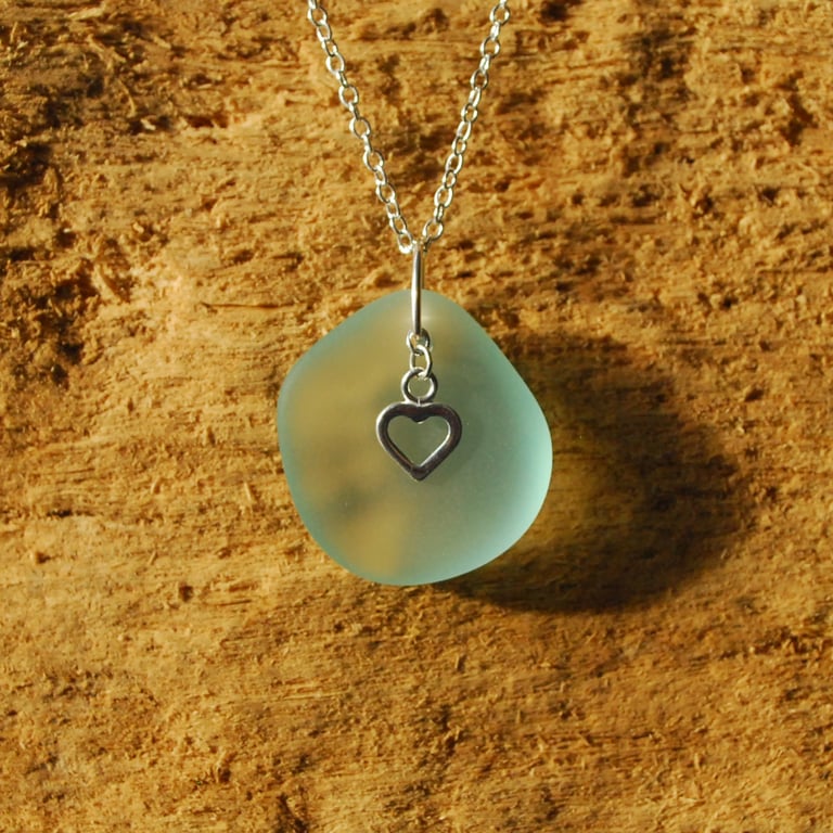 Aquamarine beach glass pendant with little silver heart