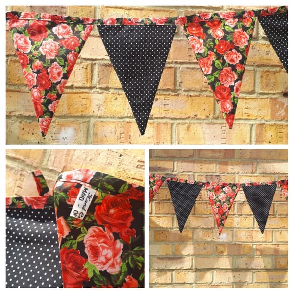Bunting in red rose and black polkadot fabric.  Free uk delivery.  
