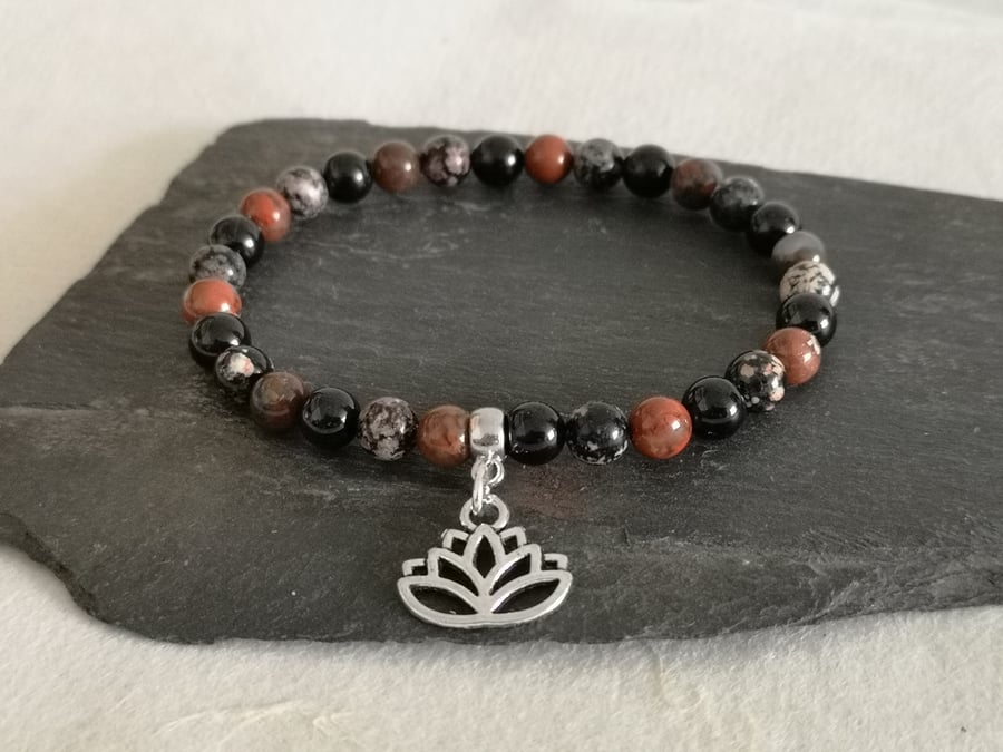 root chakra bracelet with black tourmaline, red jasper and obsidian