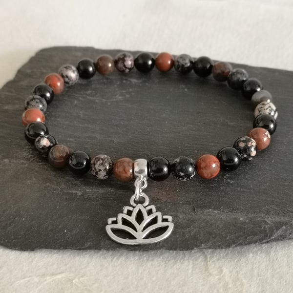 root chakra bracelet with black tourmaline, red jasper and obsidian