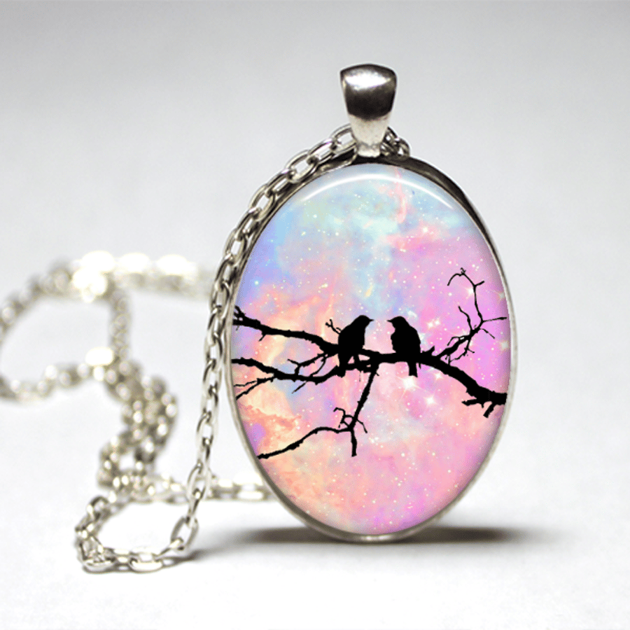Birds on a branch silhoette Cameo Glass Cabochon Silver Necklace 30inch
