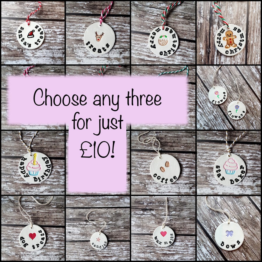 Any three small size tags for GBP10.00, decoration, homeware, gift