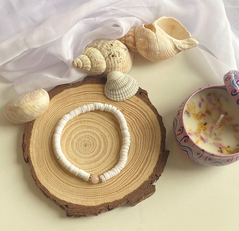 Pink Natural Stone Charmed Handmade Clay Bead Stretch Bracelet