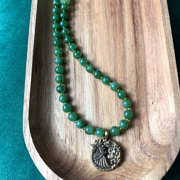 Chic Green Gemstone Necklace. Tourmaline & phoenix bird pendant made of brass.