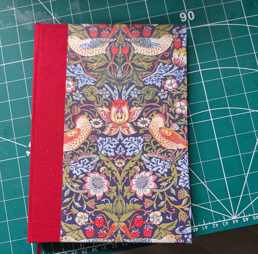 Hand-Sewn Bird & Floral Journal - Red Cloth Spine, A5 Literary Notebook