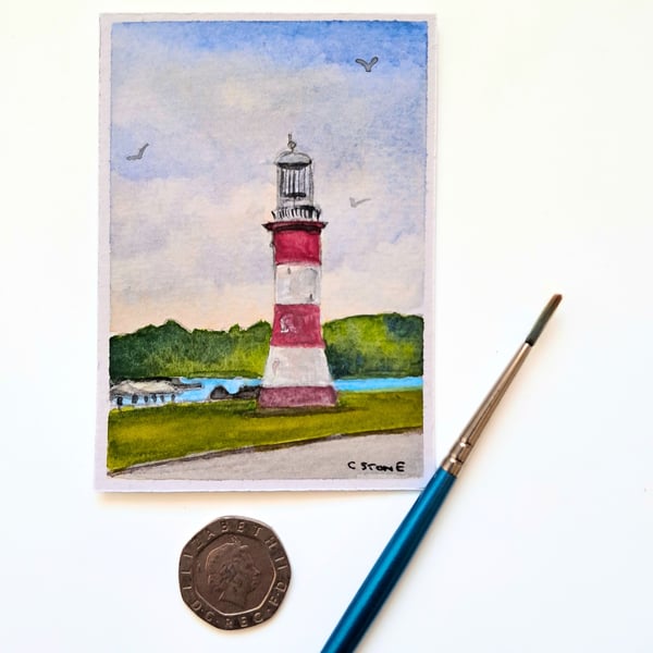 Original ACEO Miniature Watercolour Painting Smeatons Tower Lighthouse Plymouth