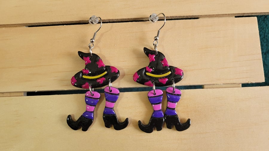 Polymer Clay Halloween Witch's Hat and Feet Earrings, 316 Stainless Steel
