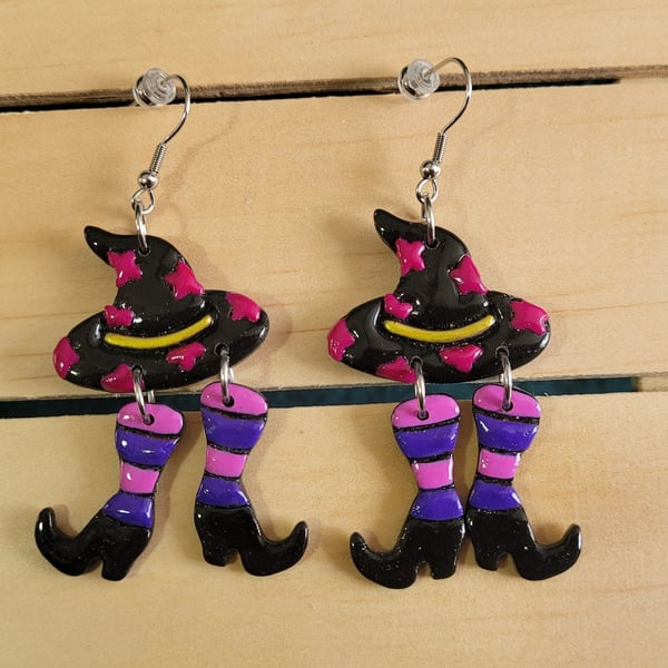 Polymer Clay Halloween Witch's Hat and Feet Earrings, 316 Stainless Steel