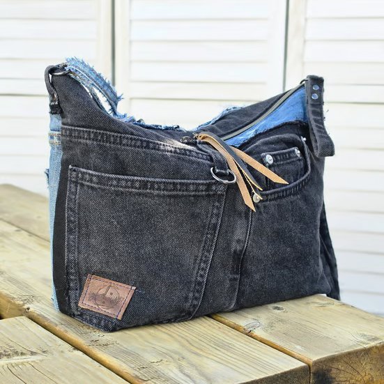 Denim Crossbody Bag with Pockets - Blue and Black