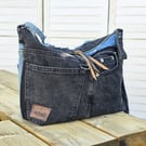 Denim Crossbody Bag with Pockets - Blue and Black