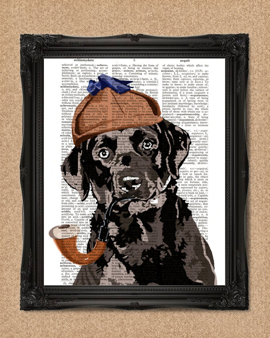 DOG DETECTIVE DICTIONARY PRINT black labrador Sherlock Holmes illustration A149D