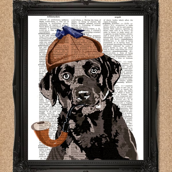 DOG DETECTIVE DICTIONARY PRINT black labrador Sherlock Holmes illustration A149D