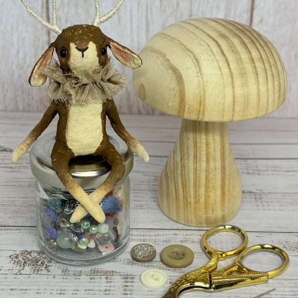 Spun Cotton Sitting Jackalope Art Doll Brown