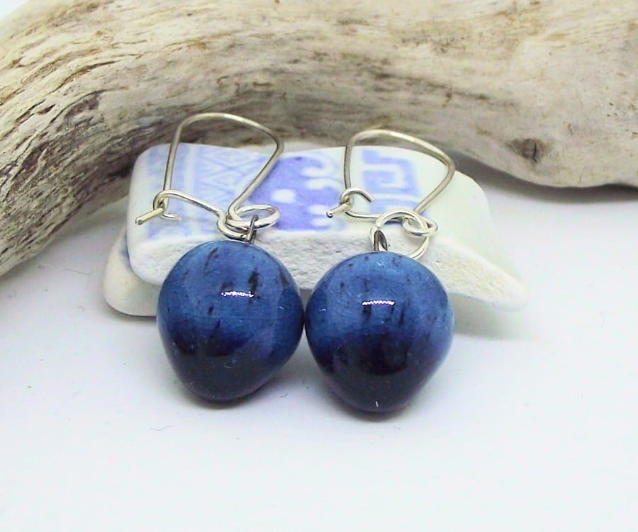 Blue Ceramic bead earrings sterling silver