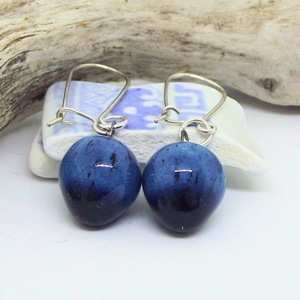 Blue Ceramic bead earrings sterling silver