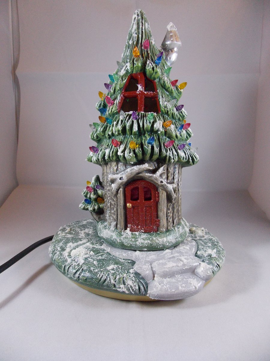 Ceramic Hand Painted Snowy Christmas Xmas Cottage G9 LED Table Lamp Decoration.