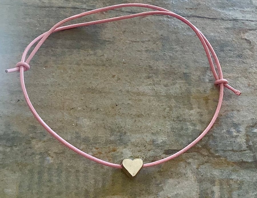 Pink Leather with Silver Heart Friendship Bracelet