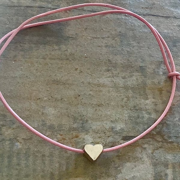 Pink Leather with Silver Heart Friendship Bracelet