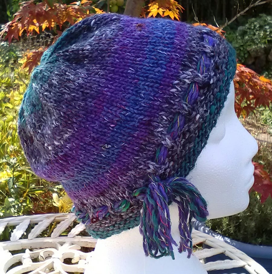 Handknit Noro cotton silk & wool hat Purples Green Blue Medium