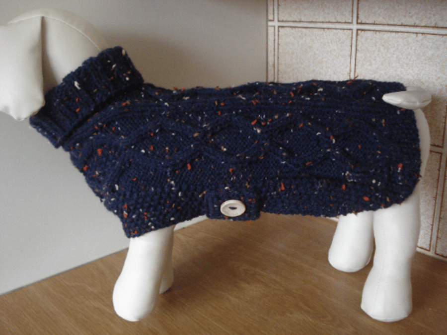 Dark Blue Aran Yarn With Flecks Of Colour Medium Dog Coat (R780)