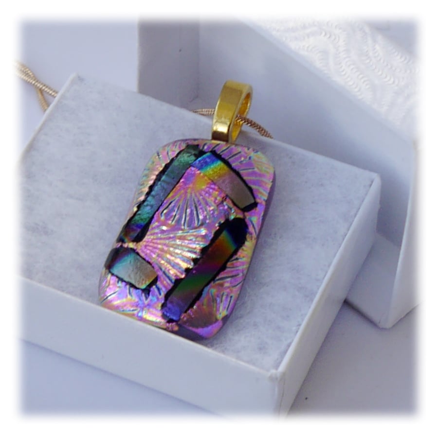 Pink Dichroic Glass Pendant 162 Plum Florentine with gold plated chain