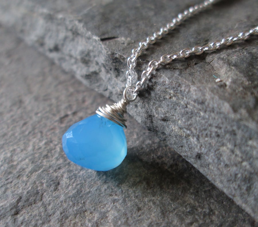 Silver Gemstone Necklace - Blue Chalcedony Necklace, Wire, Gift Jewellery