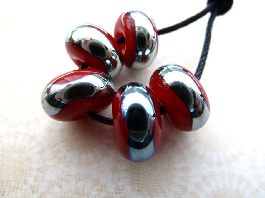 handmade lampwork glass beads, red and silver set