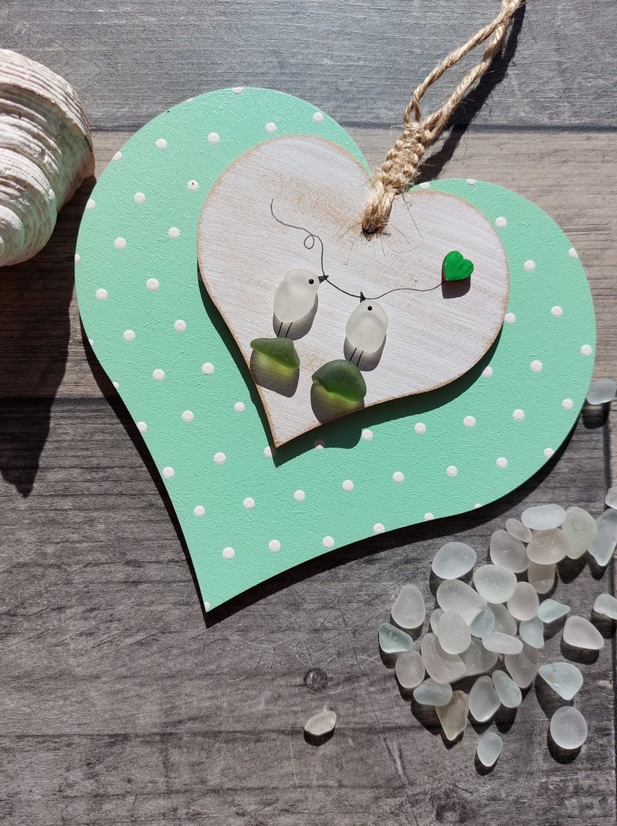 Sea Glass Lovebirds Heart, Handmade Wedding & New Home Gift, Romantic Decor