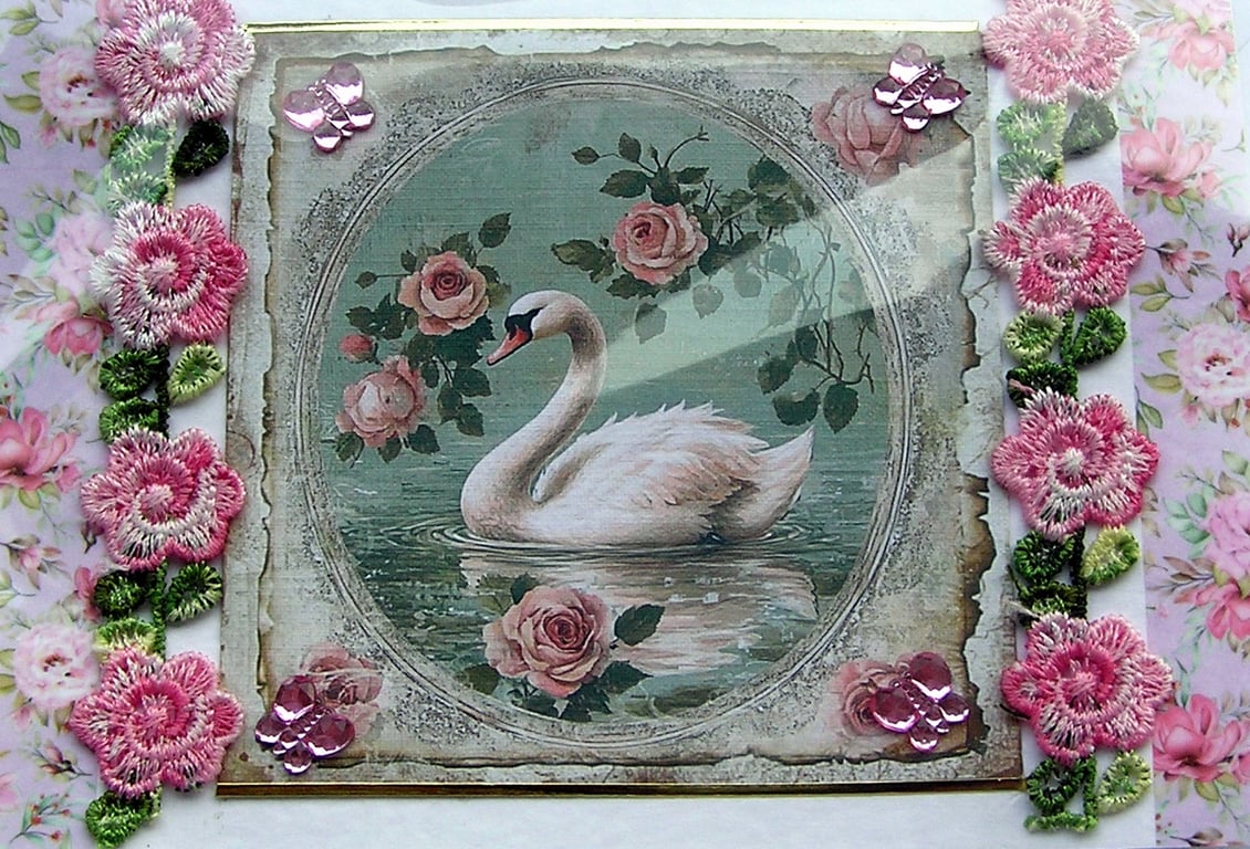 White Swan Bird - Hand Crafted Decoupage Greeting Card - Blank - 2989