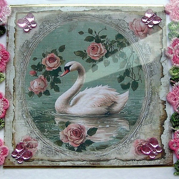 White Swan Bird - Hand Crafted Decoupage Greeting Card - Blank - 2989
