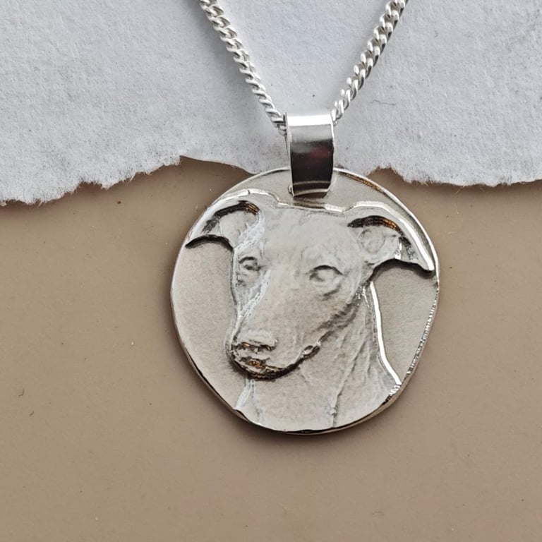 Hand Engraved Whippet Pendant, Recycled Sterling Silver, Personalised Pet Neckla