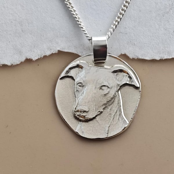Hand Engraved Whippet Pendant, Recycled Sterling Silver, Personalised Pet Neckla