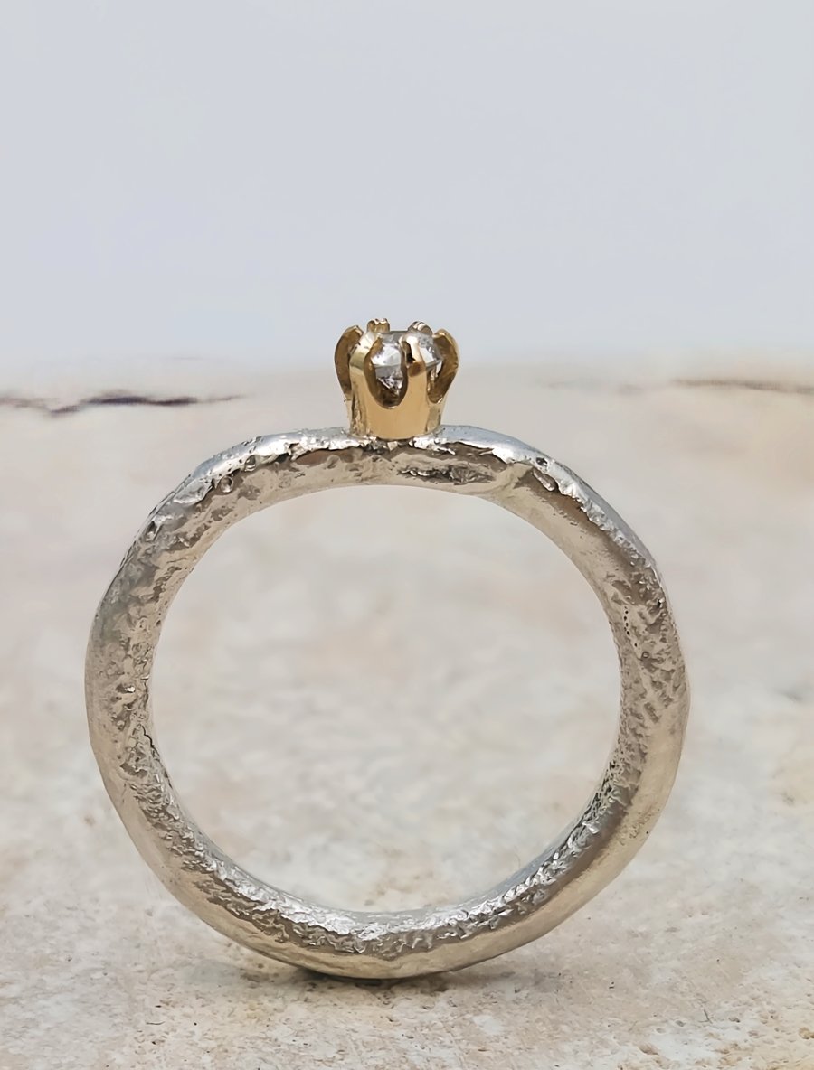 Hand Forged Molten Sterling Silver Ring – 14K Gold, Lab Diamond - Size I