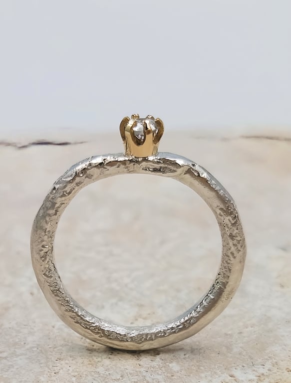 Hand Forged Molten Sterling Silver Ring – 14K Gold, Lab Diamond - Size I