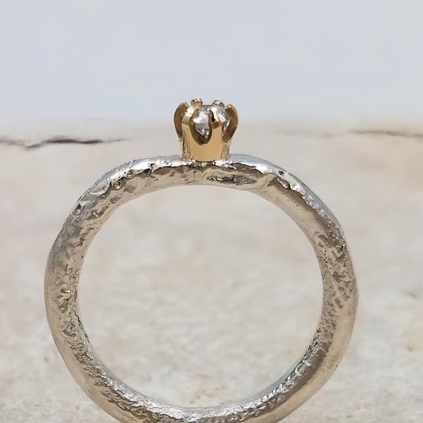 Hand Forged Molten Sterling Silver Ring – 14K Gold, Lab Diamond - Size I