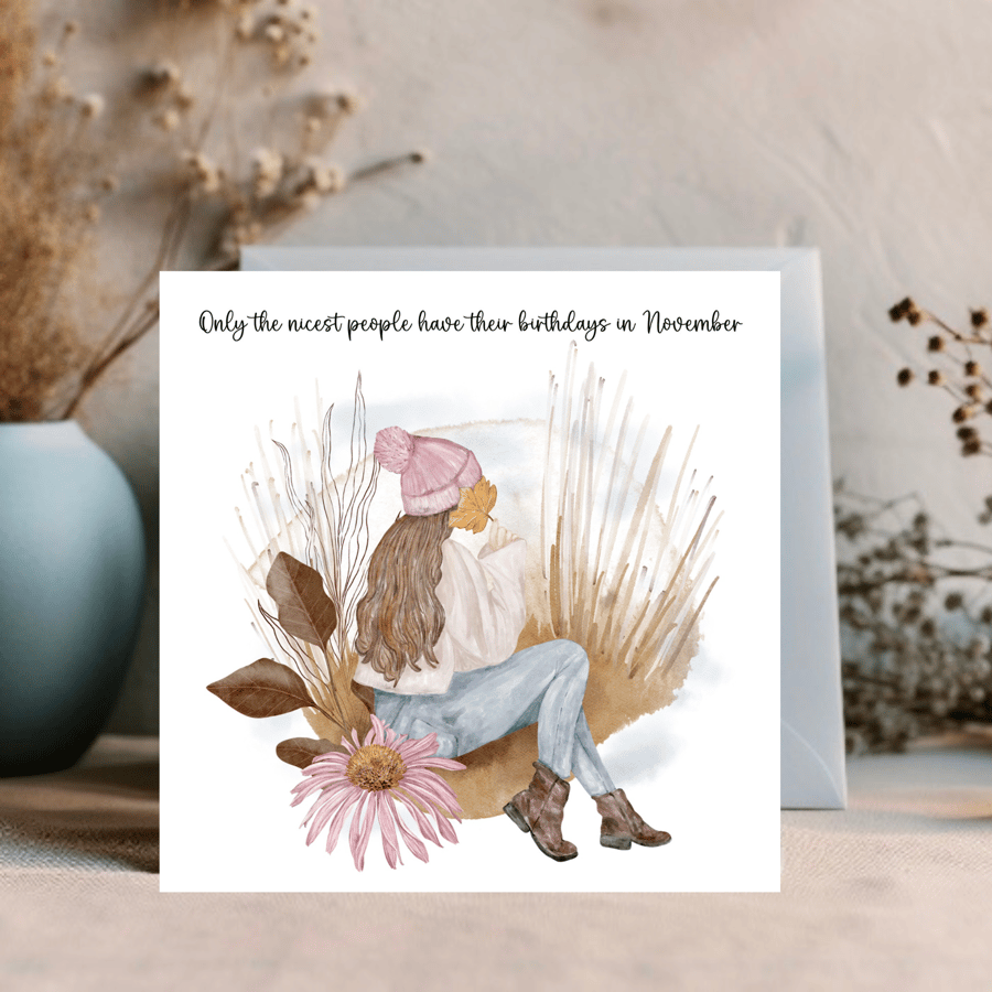 November Watercolour print greetings card for a November Birthday