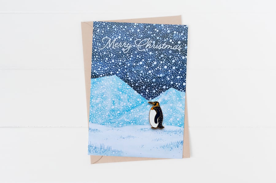 Merry Christmas penguin pin badge greetings card