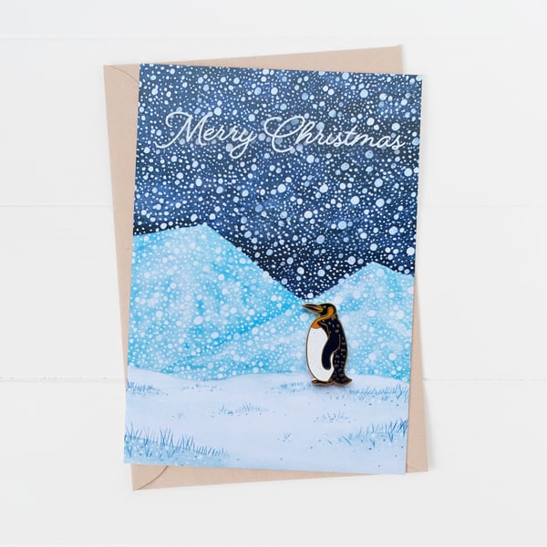 Merry Christmas penguin pin badge greetings card