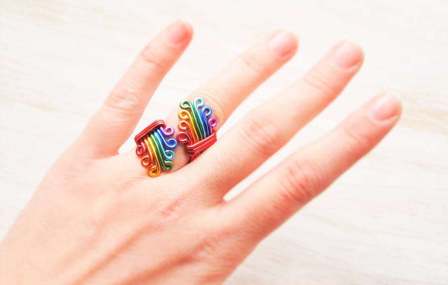 Rainbow ring, Adjustable ring, Statement ring, Gay Pride, Wire wrap ring
