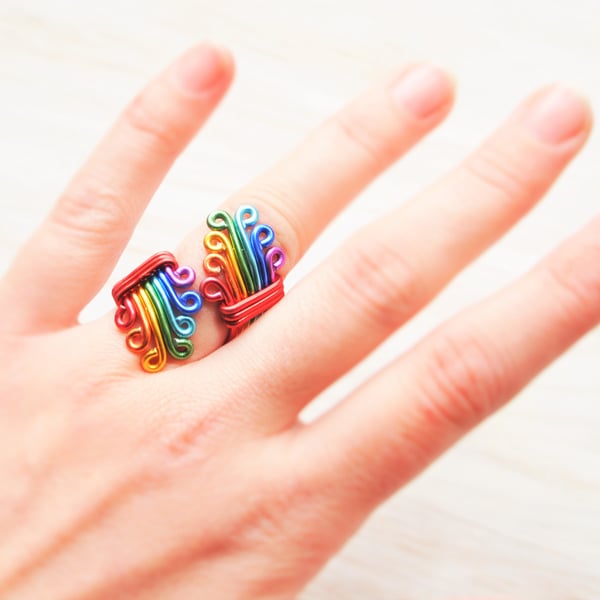 Rainbow ring, Adjustable ring, Statement ring, Gay Pride, Wire wrap ring