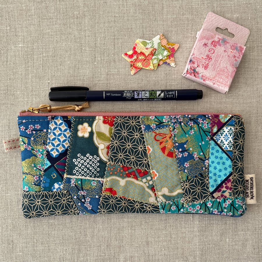 Pencil Case Floral Japanese Fabric Patchwork Teal Turquoise